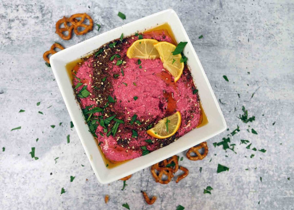 Roasted beet hummus by Roaring Spork