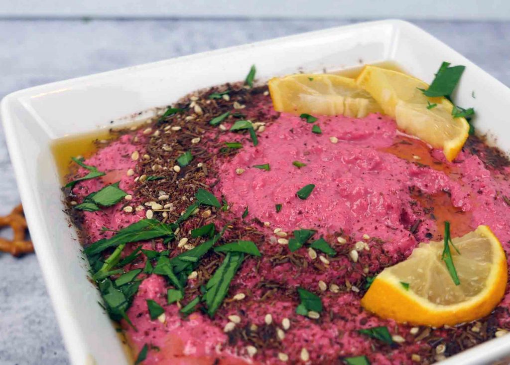 Pink beet hummus recipe by roaring spork