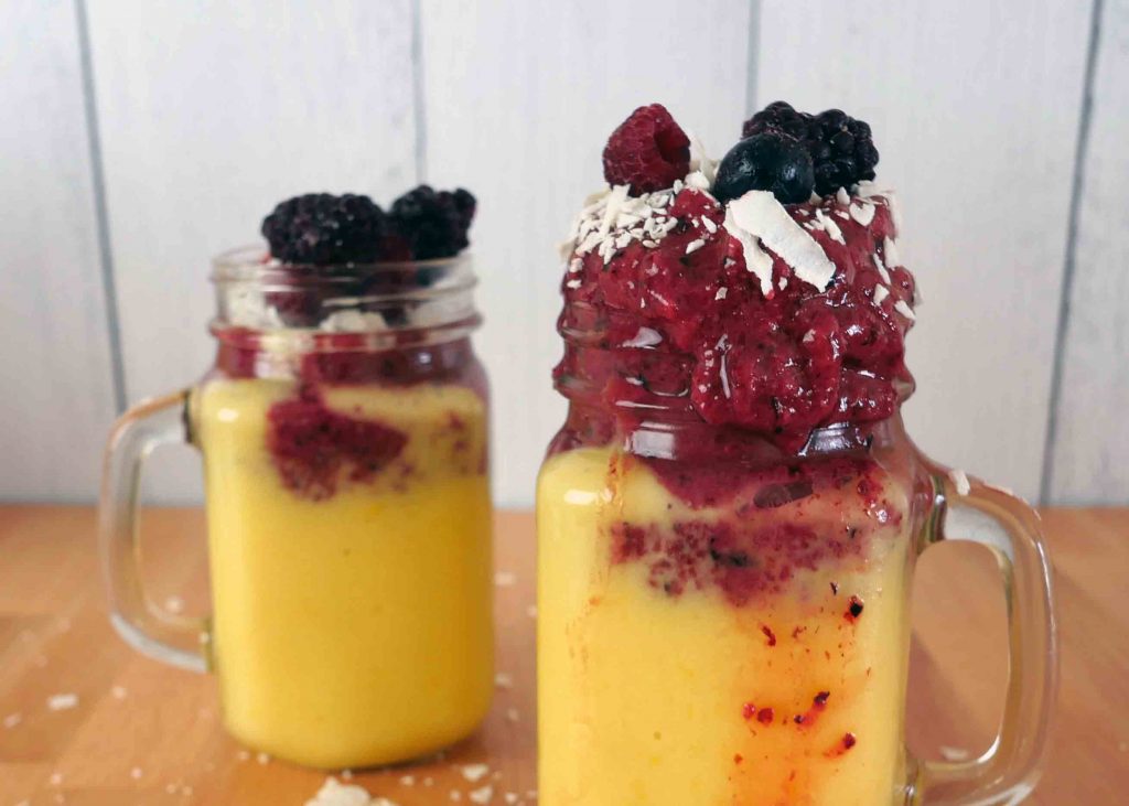 Tart and triple berry mango smoothie by Roaring Spork