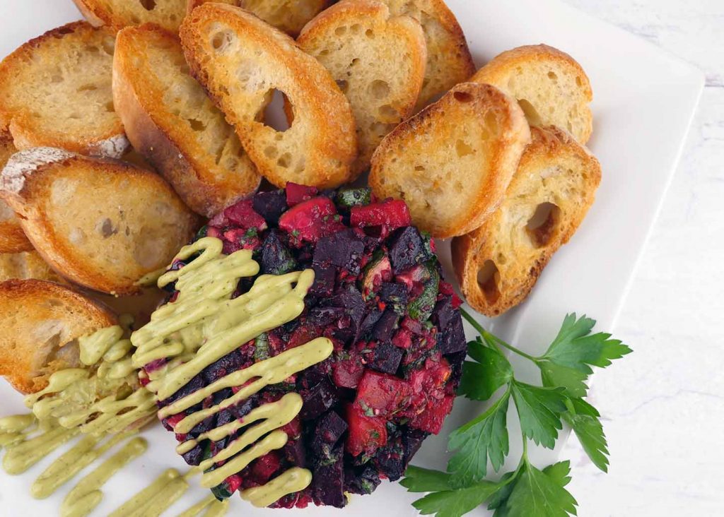 Vegan "steak" beet tartare recipe by Roaring Spork